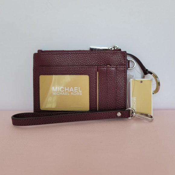 MICHAEL KORS Small Top-Zip Coin Pouch with ID Holder Pebbled Leather-Merlot ⭐$69 - Picture 8 of 16